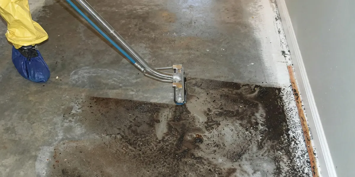 sewage removal technicians extracting contaminated wastewater from a residential floor in Tampa, FL